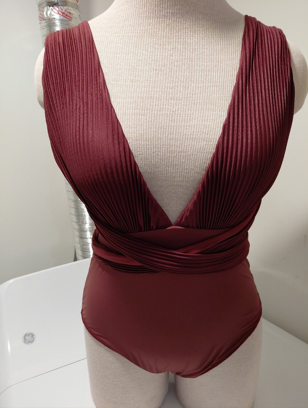 Plunging V-Neck Ribbed One-Piece Swimsuit - Deep Rust Brown